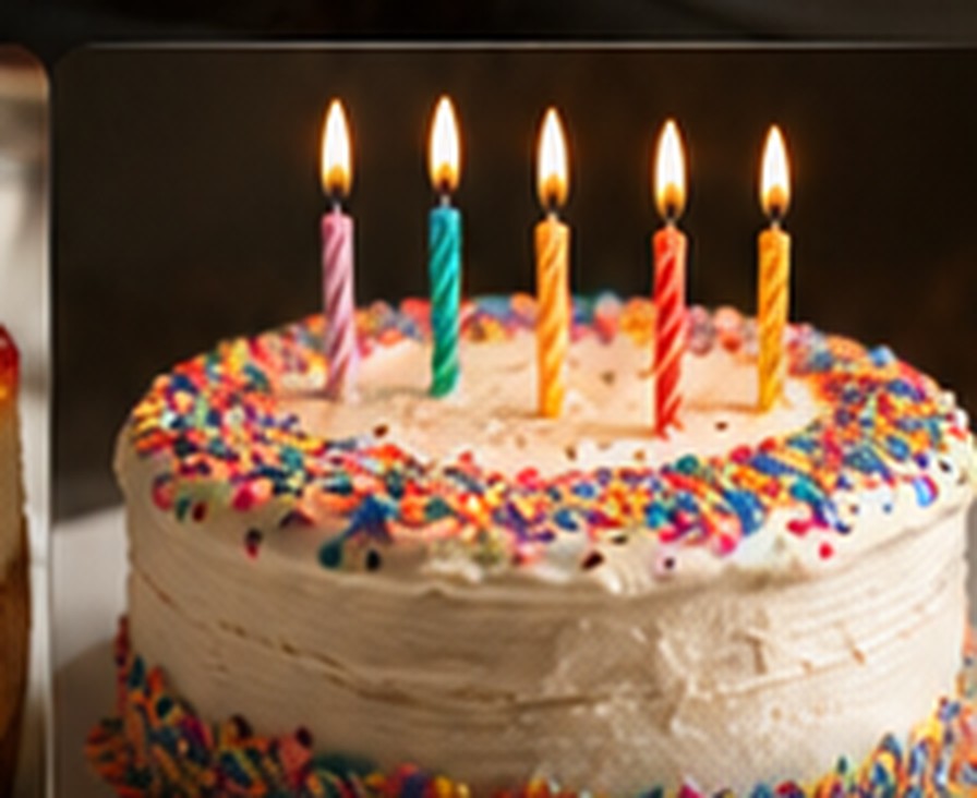 A tiered birthday cake decorated with colourful streamers, from Queen of Cakes